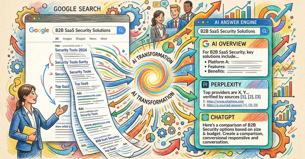 AI search transformation showing traditional search evolving into AI-powered answer engines for B2B buyers
