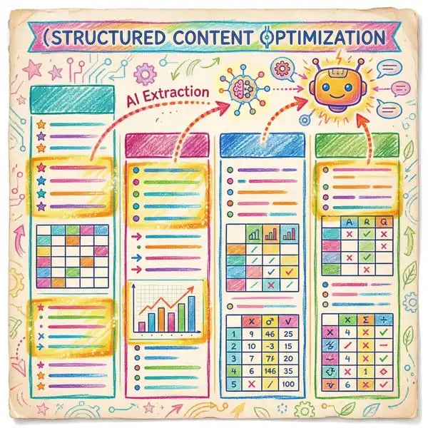 Pencil-crayon illustration of structured content optimisation — a document with clearly defined sections and AI extraction points highlighted