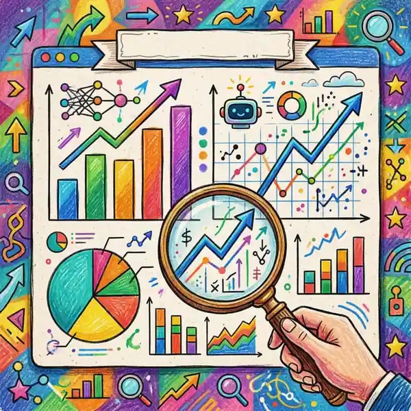 Pencil-crayon illustration of AI visibility measurement dashboard — analytics charts, trend lines, and performance metrics