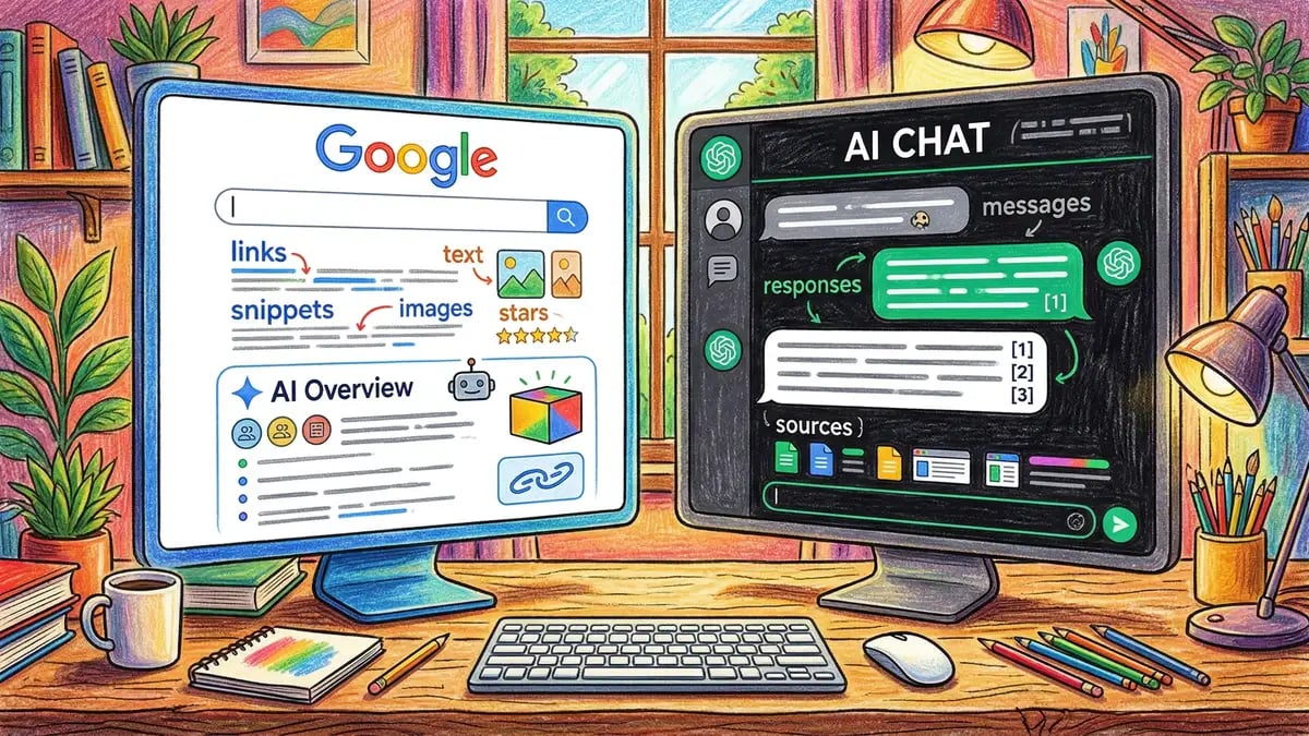 Pencil-crayon illustration comparing Google AI Overviews and ChatGPT Search — two platforms side by side with different citation approaches