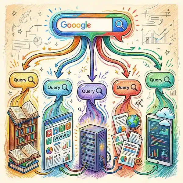 Pencil-crayon illustration of Google AI Overview query fan-out — a search query splitting into multiple sub-queries connecting to different information sources