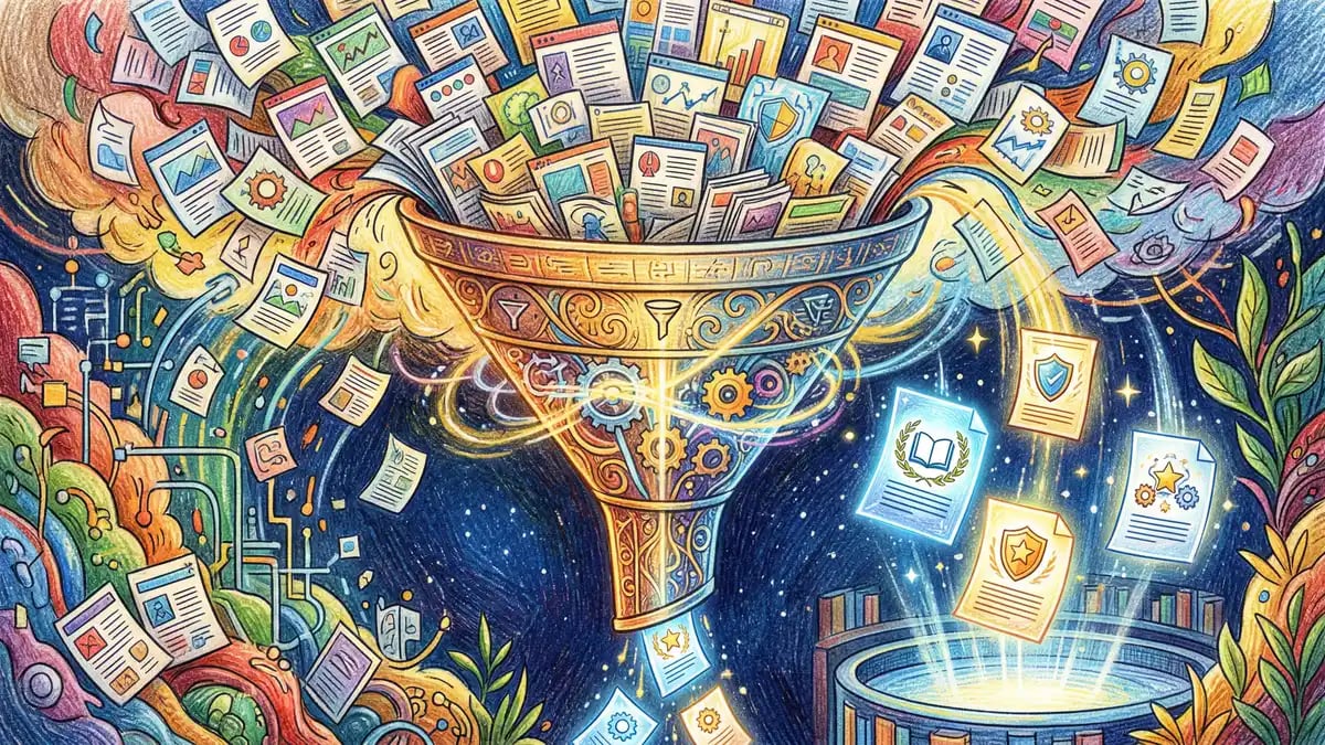 Pencil-crayon illustration of AI source selection — web pages filtered through a funnel with authoritative sources emerging as citations