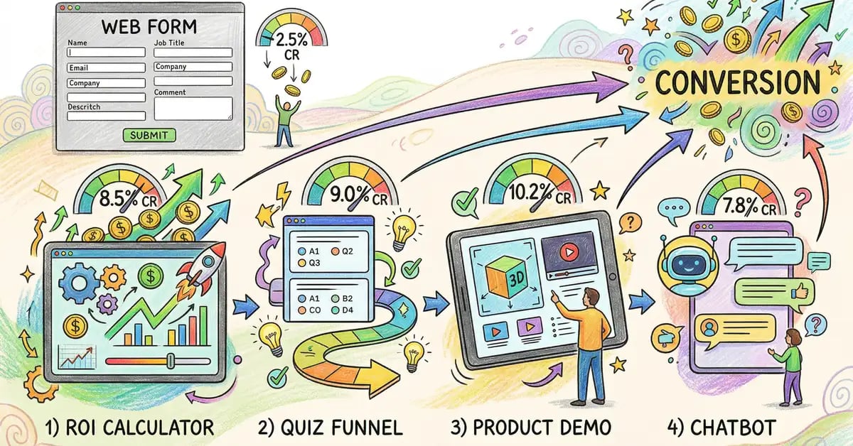 Alternative B2B conversion mechanisms including calculators, quizzes, demos, and chatbots compared to traditional forms