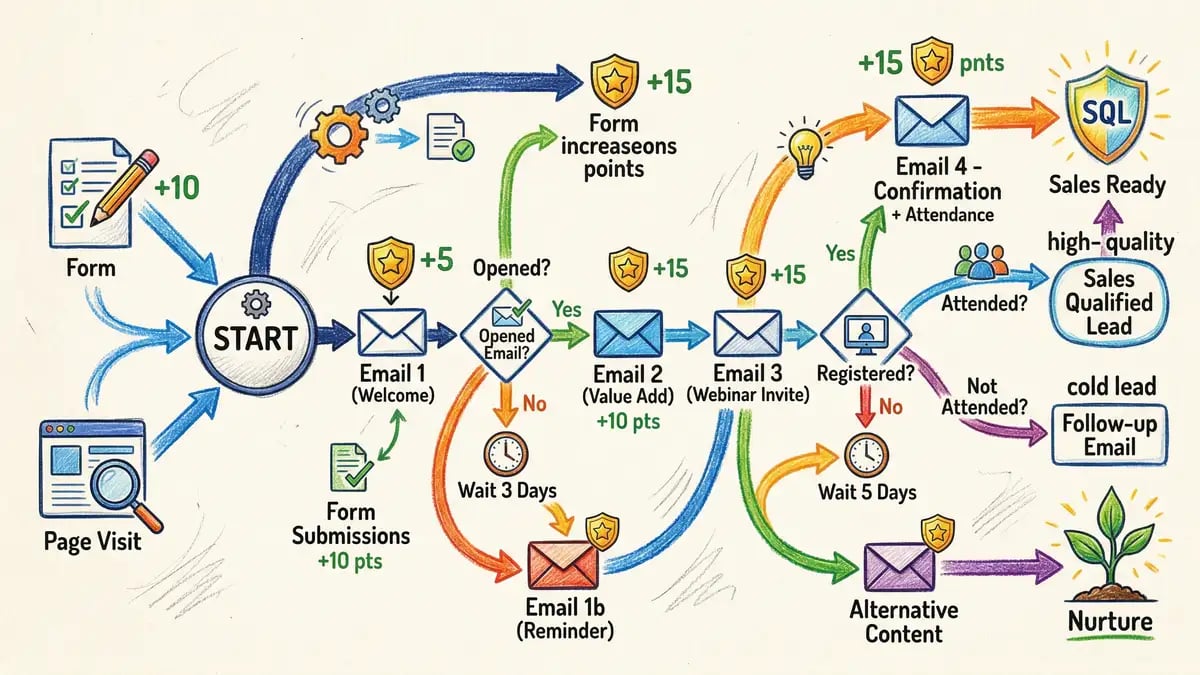 Marketing automation workflow diagram showing email, lead scoring, and nurturing sequences