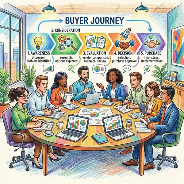 B2B buying committee structure showing 13 decision-makers across research, evaluation and buying phases