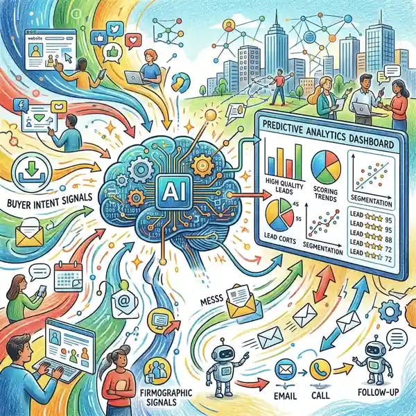 AI-powered lead scoring and automation concept illustration showing predictive analytics and buyer intent signal analysis for B2B marketing