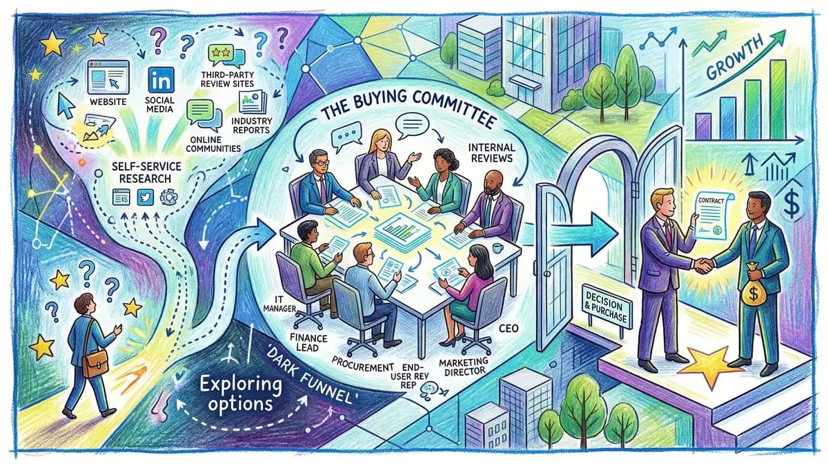 B2B buyer journey illustration showing self-service research phase, buying committee stakeholders, and dark funnel touchpoints