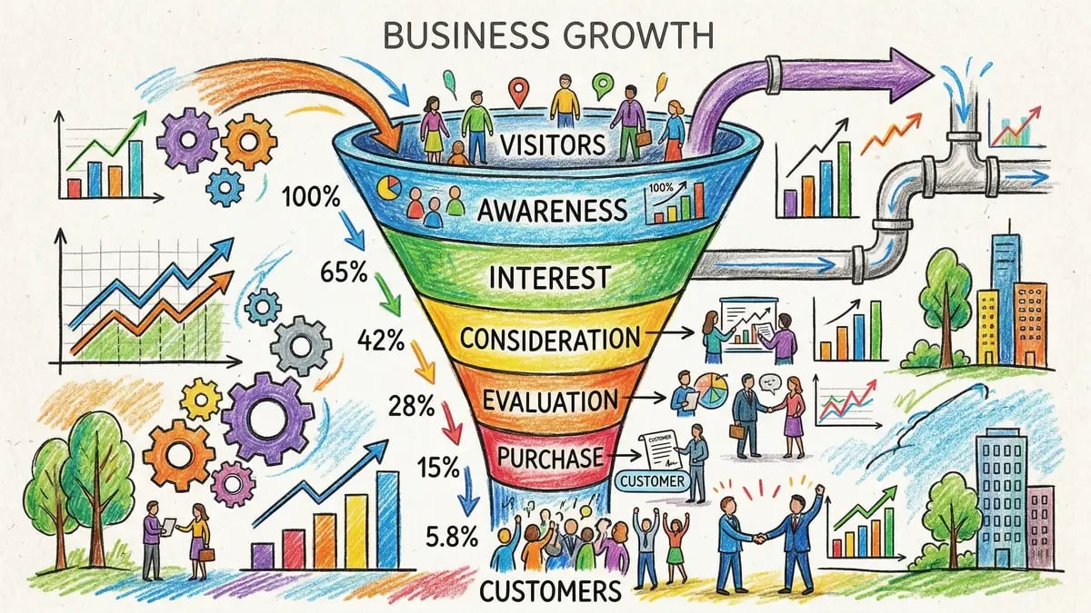 B2B lead generation funnel visualisation showing conversion benchmarks from visitor to customer with percentage metrics at each stage