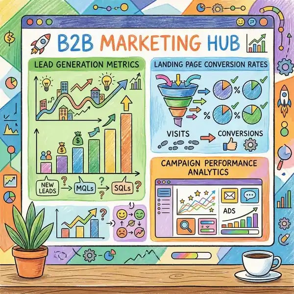 HubSpot marketing platform dashboard illustration showing lead generation metrics, landing page conversions, and campaign analytics