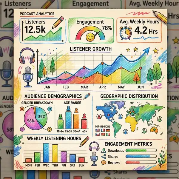 Podcast listener analytics dashboard showing audience demographics and engagement metrics