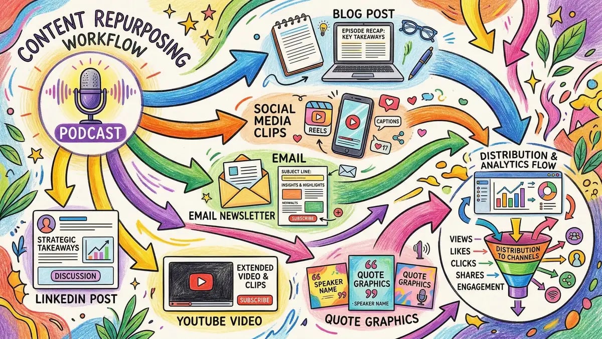 Content repurposing workflow diagram showing podcast episode transformed into blog, social, email and video content