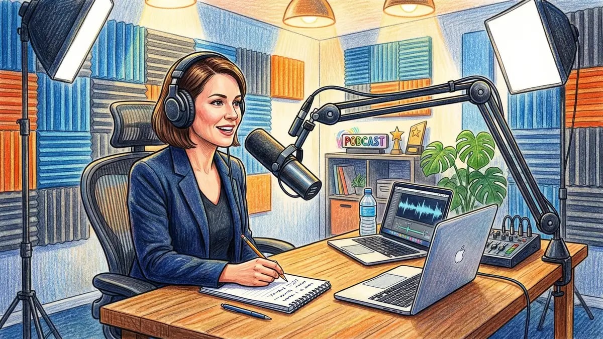 Professional B2B podcast recording studio setup with microphone, laptop, and professional lighting