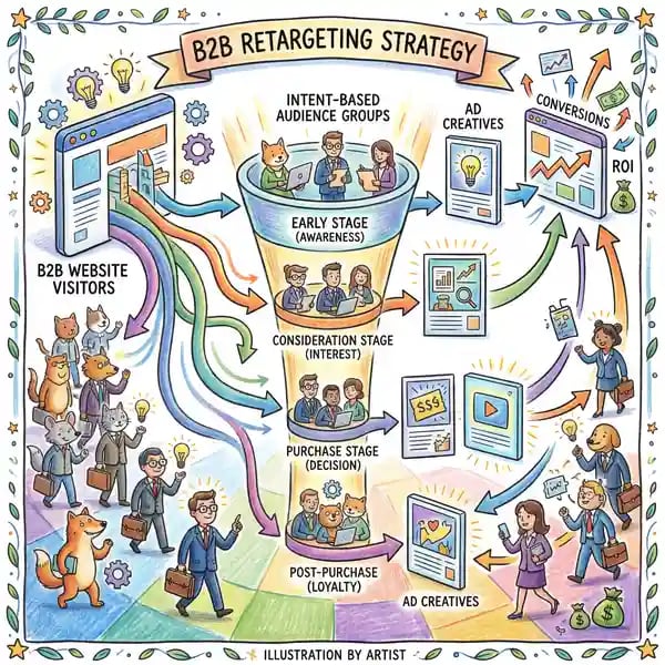 B2B retargeting audience pyramid showing website visitors at base, mid-funnel engagers in middle, and high-intent MQLs at top