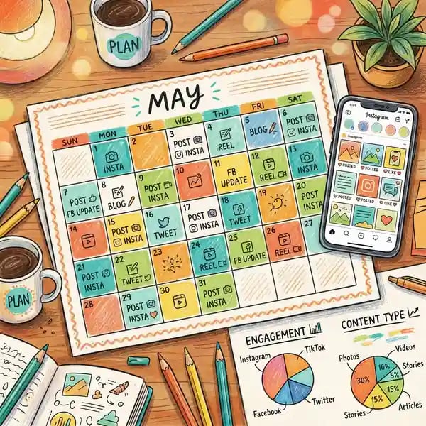 Content calendar planning illustration for B2B social media posting schedule and AI adoption strategy