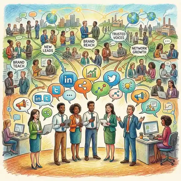 Employee advocacy programme illustration showing personal brand amplification and social selling benefits