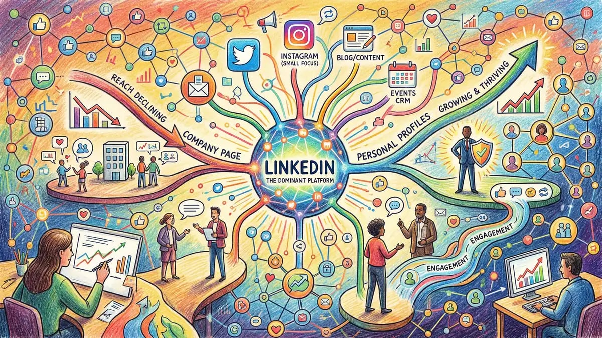 LinkedIn analytics dashboard showing engagement metrics, reach, and impressions for B2B social media campaigns