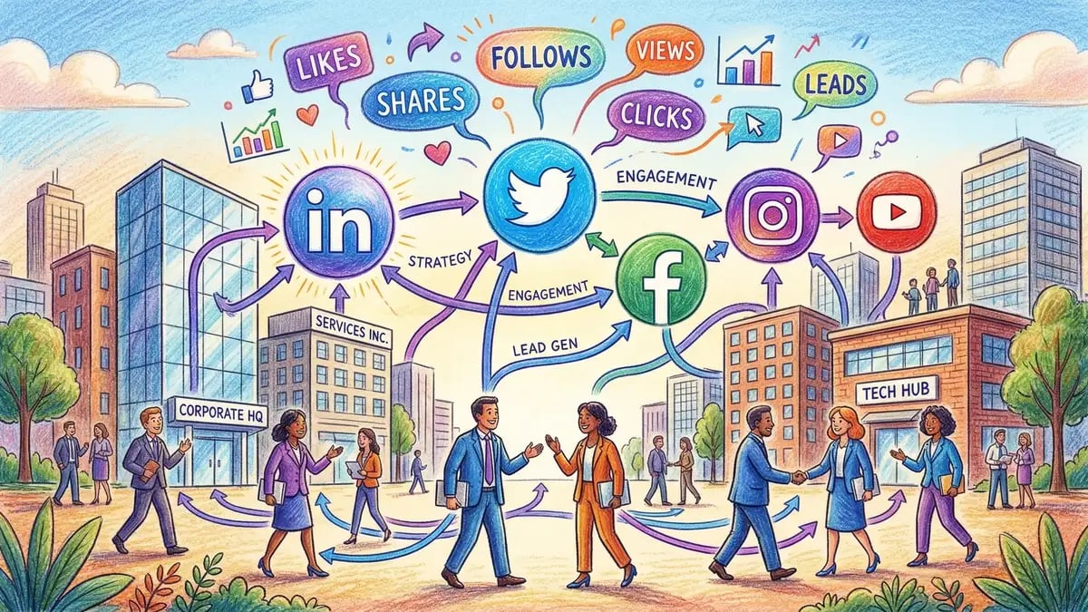 B2B social media strategy visualisation showing LinkedIn dominance and platform reach data for 2026