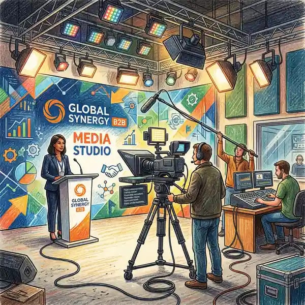 Professional B2B video production studio setup with lighting, microphone, and editing workstation demonstrating production quality standards