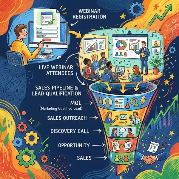 Webinar platform interface showing video analytics, engagement metrics, and participant interaction tracking dashboard