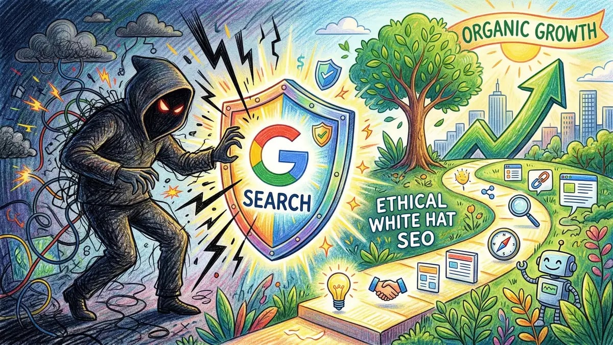 Visual comparison showing black hat SEO techniques versus ethical white hat practices with enforcement timelines and penalties