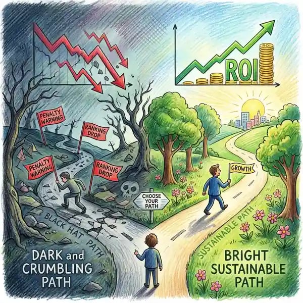 Chart comparing ROI returns: white hat SEO delivers 400-800% returns over time while black hat SEO results in negative returns after penalties