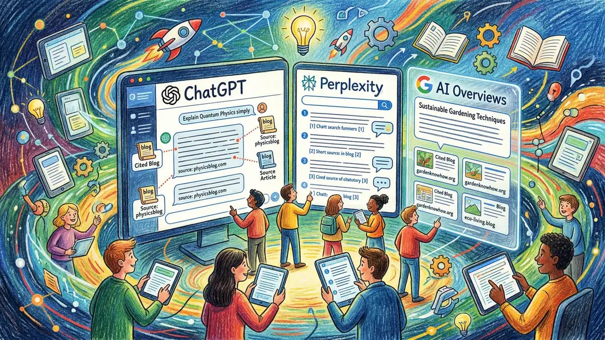 AI search engines displaying cited blog content across multiple screens including ChatGPT and Google AI Overviews