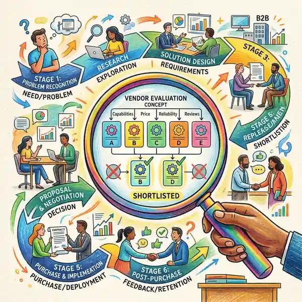Magnifying glass over a buyer journey map showing vendor shortlist selection process