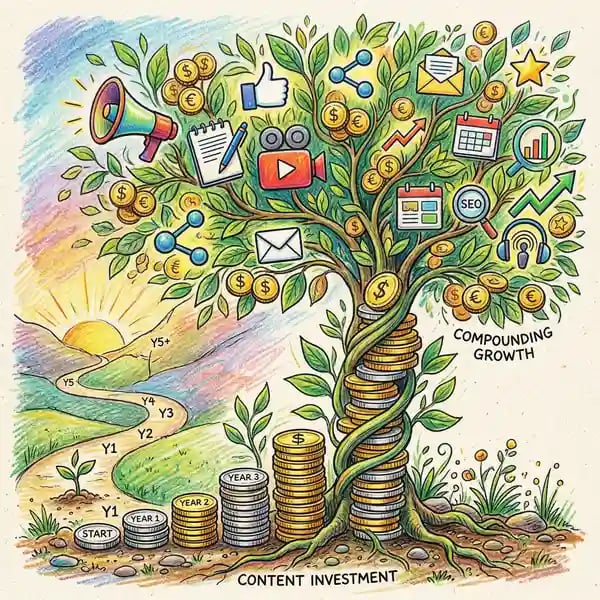 Coins growing into a plant representing compounding returns from content marketing investment
