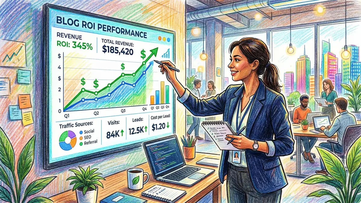 Business professional reviewing blog ROI dashboard with upward trending revenue graphs