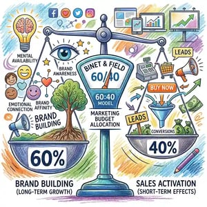 Strategic budget allocation between brand awareness and activation spending showing 60-40 split for B2B