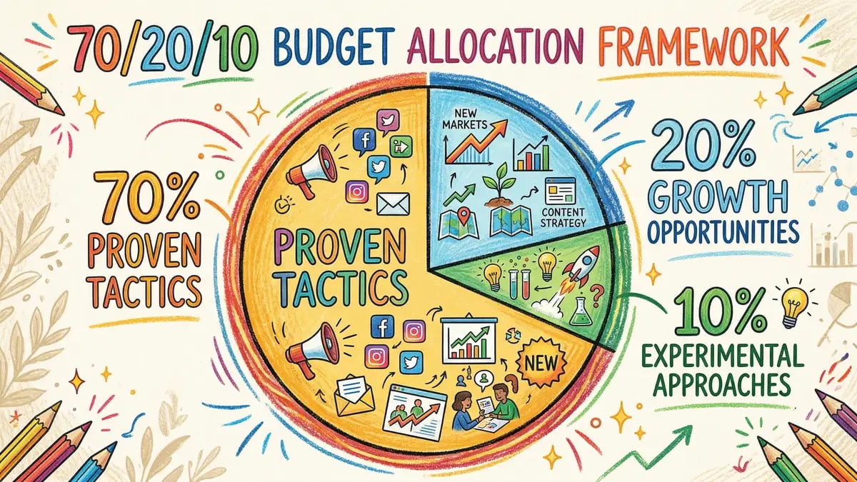 70/20/10 budget allocation framework diagram showing 70% proven tactics, 20% growth opportunities, 10% experimental
