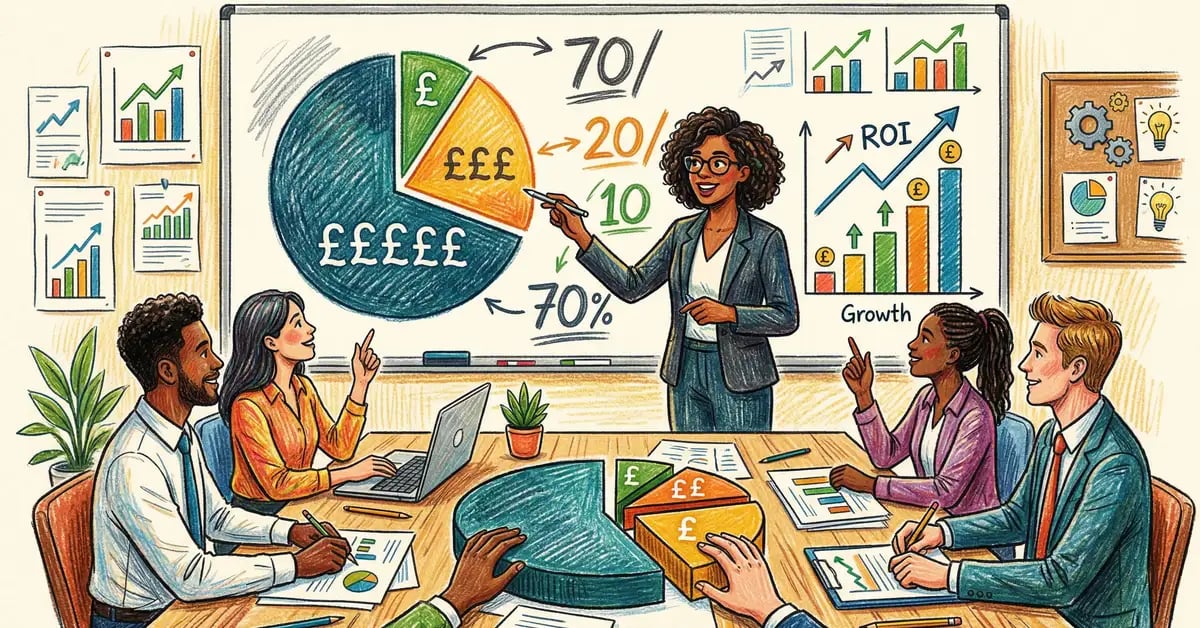 UK B2B marketing budget optimisation strategy showing 70/20/10 allocation model