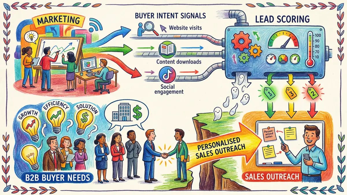 Buyer alignment diagram showing how marketing and sales teams collaborate to move prospects through the buyer journey
