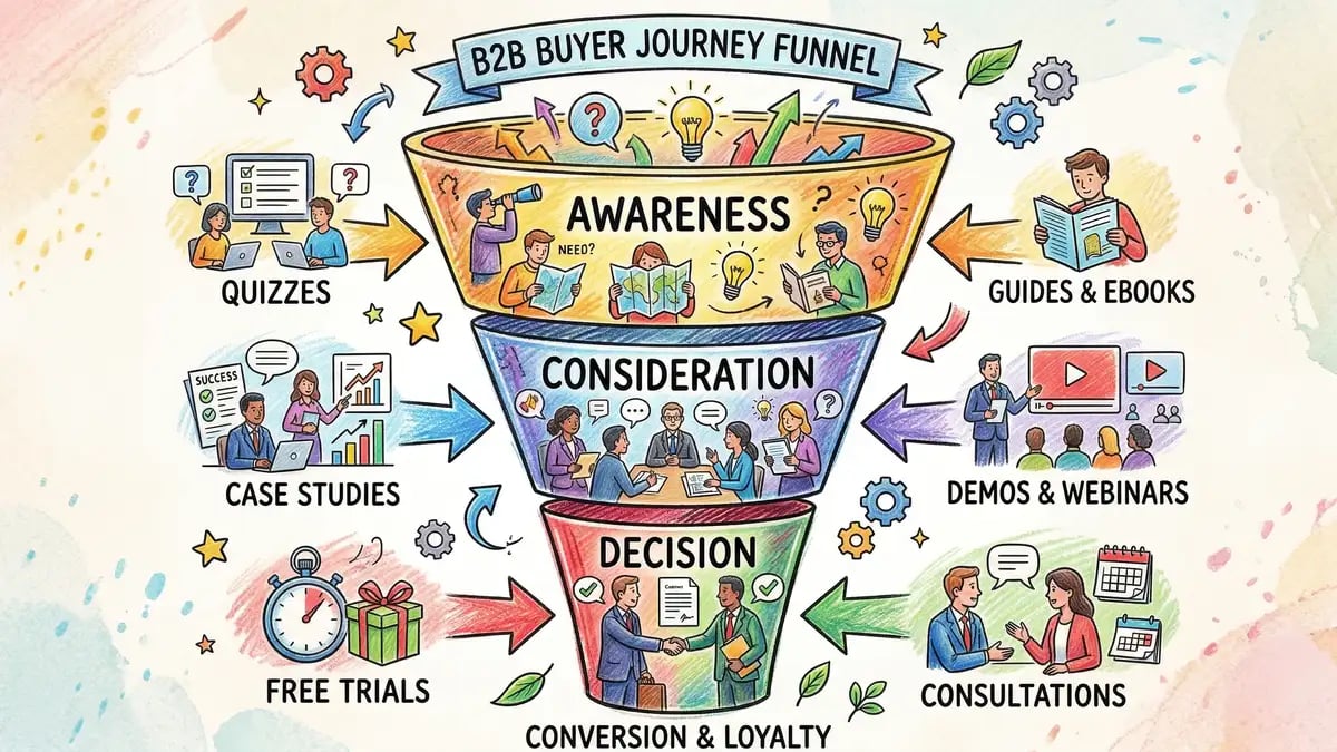 B2B buyer journey funnel with call-to-action types mapped to awareness consideration and decision stages