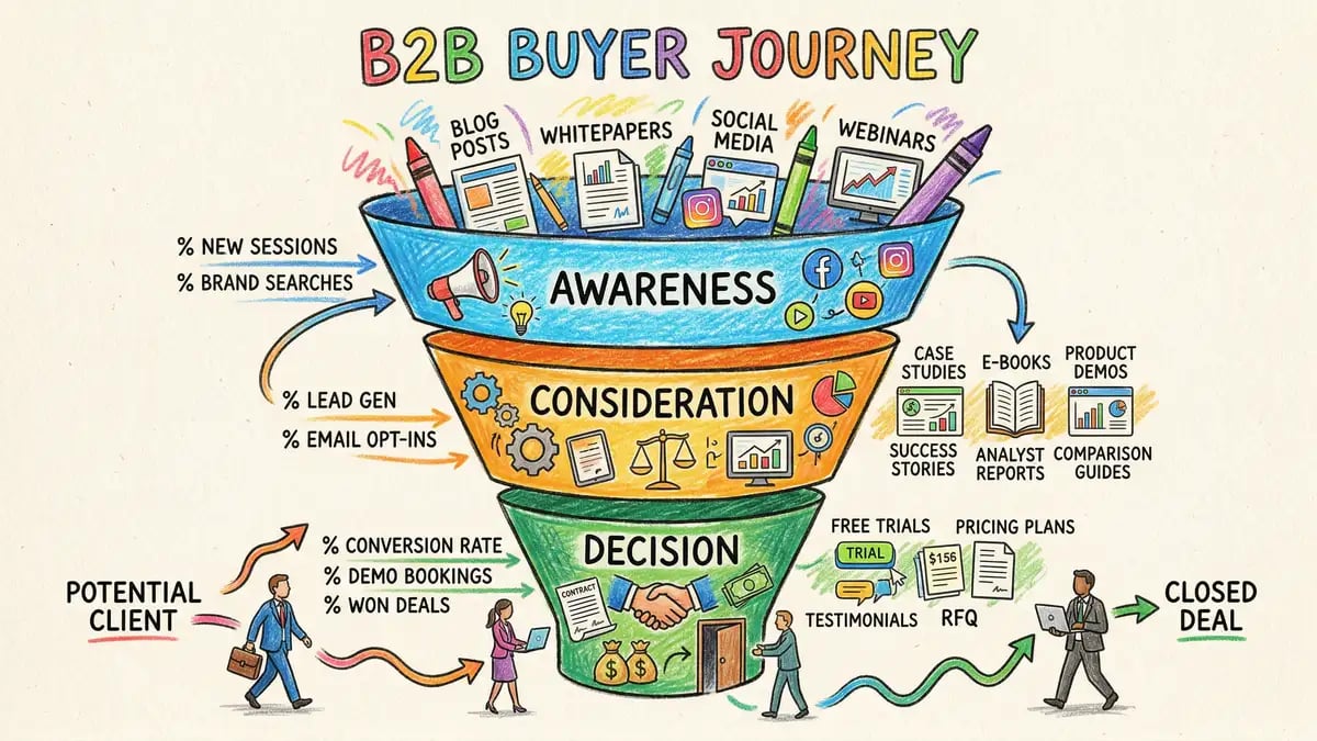B2B buyer journey stages: awareness, consideration, decision with content types and trust signals