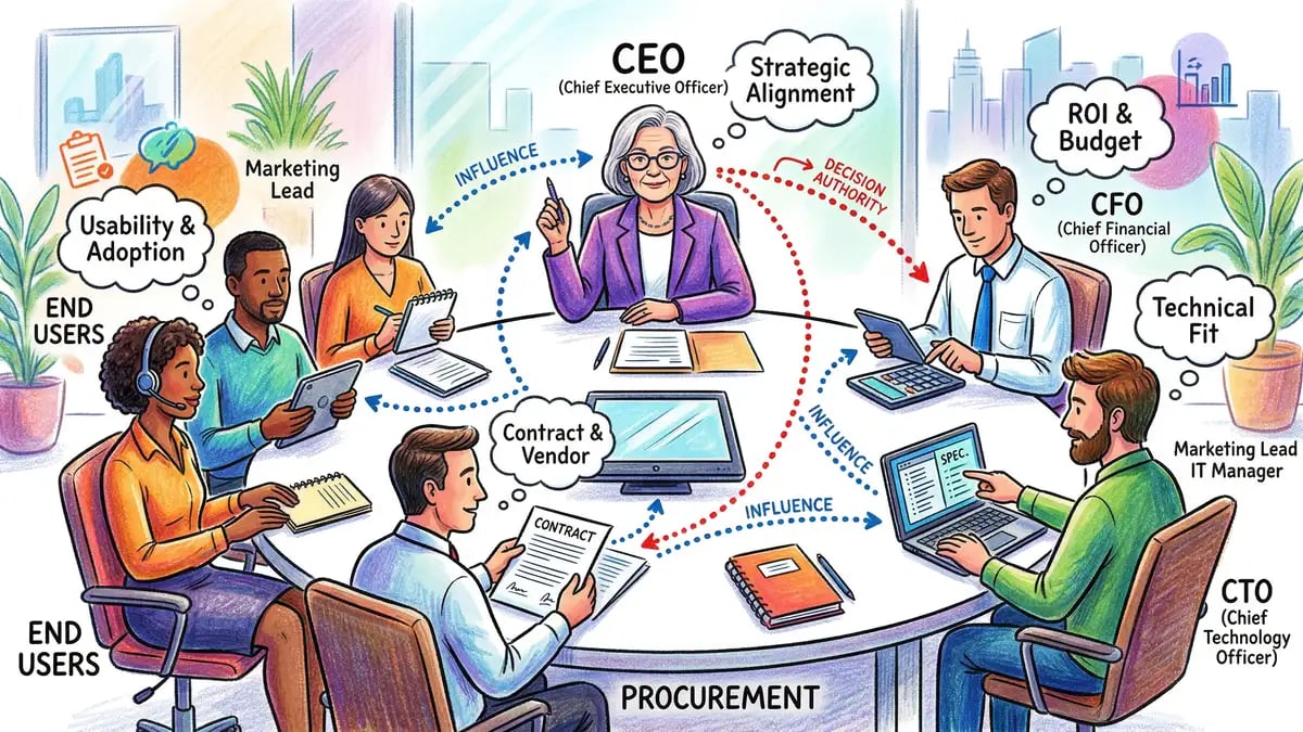 B2B buying committee stakeholder map showing multiple decision-makers including CEO, CFO, CTO, procurement, and end users