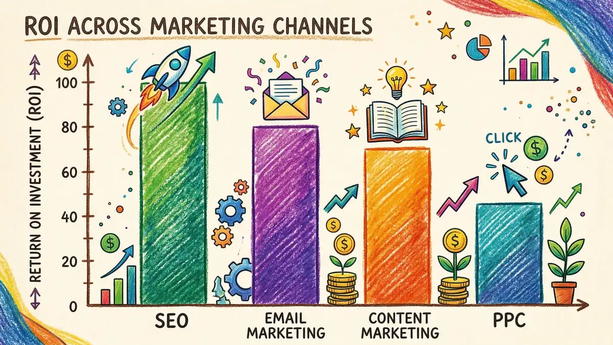 Bar chart comparing ROI across marketing channels: SEO 748%, Marketing Automation 544%, Email £36-42 per £1, Content Marketing 3x leads, LinkedIn 76% effectiveness, PPC 36%
