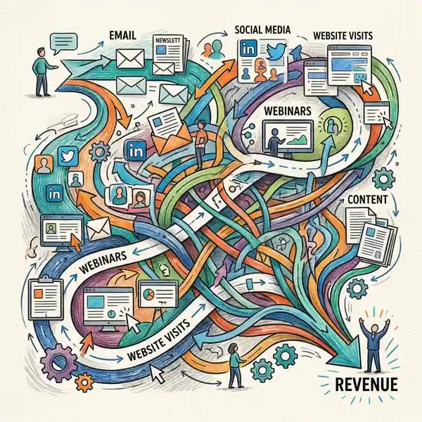 B2B marketing attribution complexity showing multiple touchpoints