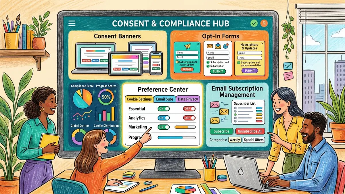 GDPR consent management workflow showing opt-in processes and preference centres for marketers