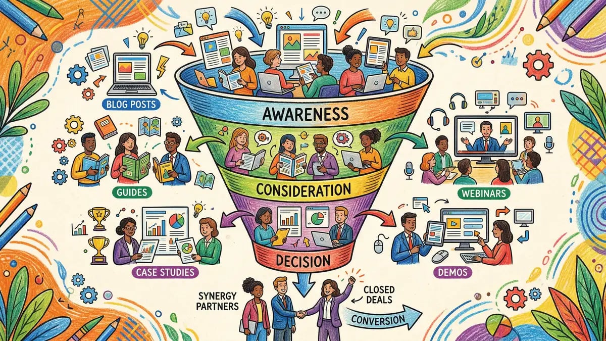 Buyer journey funnel showing awareness, consideration, and decision stages