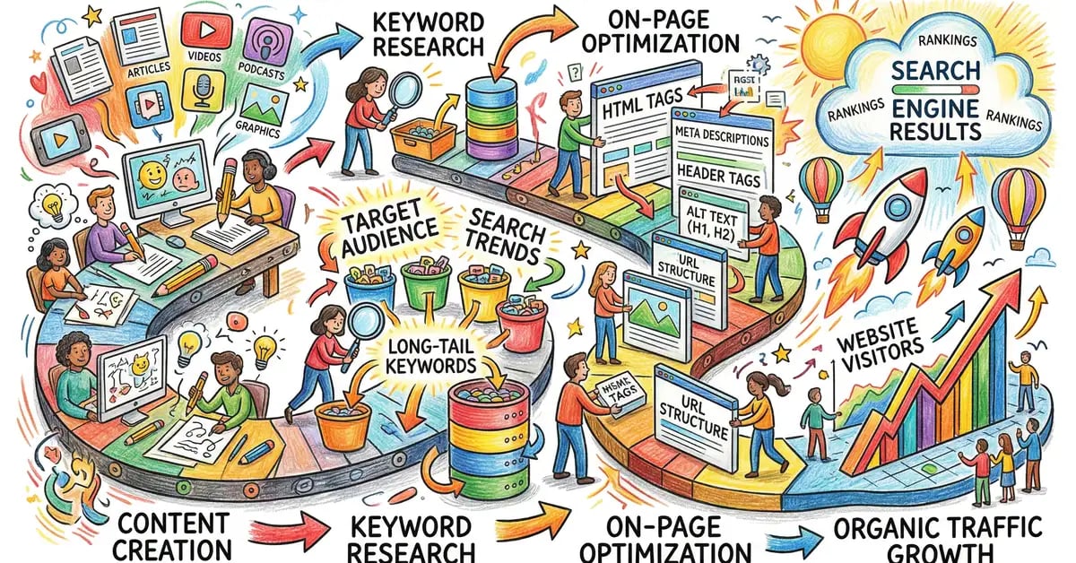 Integrated content marketing and SEO workflow connecting strategy, creation, optimization and continuous improvement