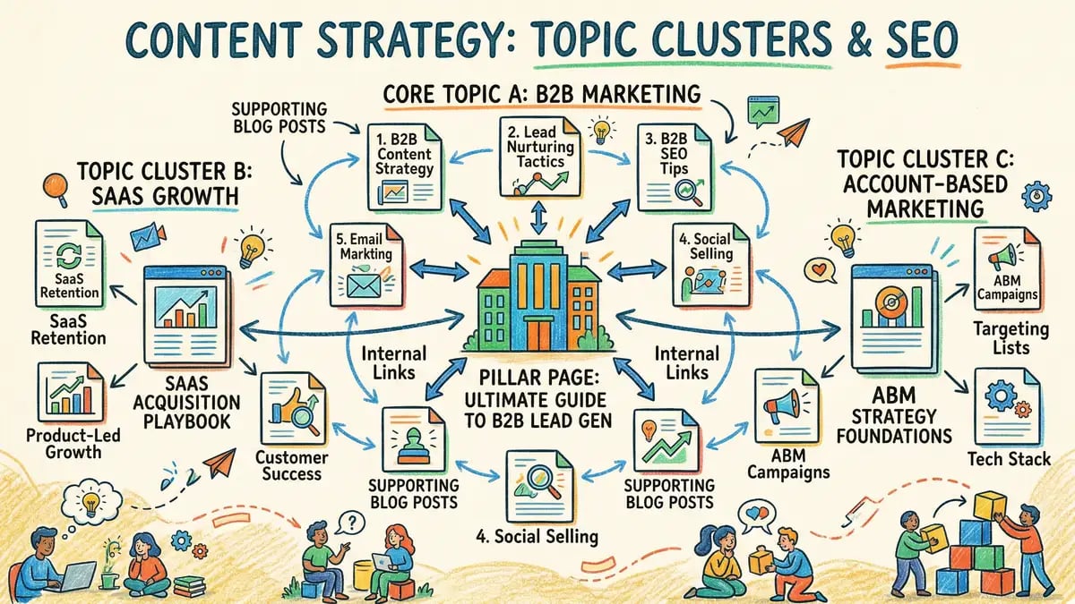 Content strategy framework showing topic clusters for topical authority and E-E-A-T signals