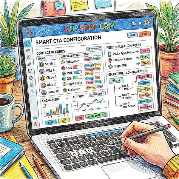 Laptop screen showing CRM dashboard with contact records, lifecycle stages and personalisation rules for Smart CTA configuration in HubSpot