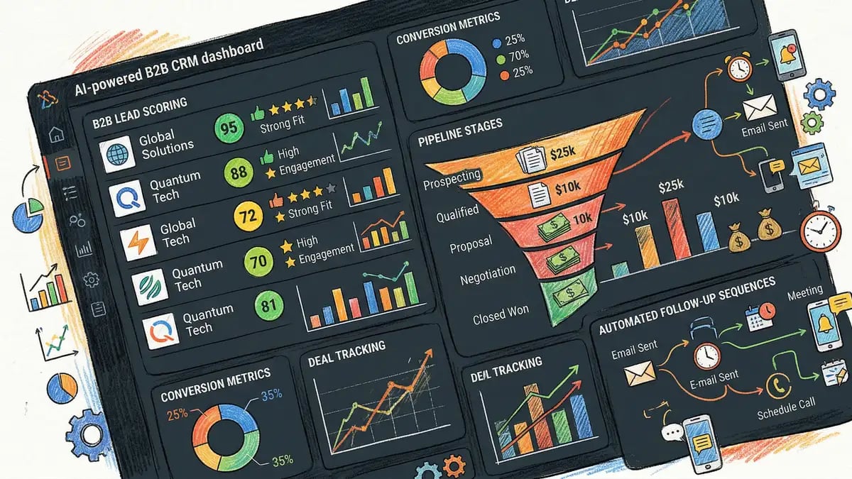AI-powered CRM dashboard showing B2B lead scoring, pipeline stages, and automated follow-up sequences