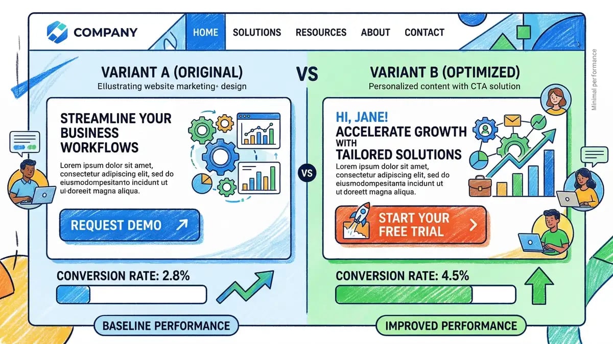 High-converting call-to-action button designs with A/B test variants and conversion rate metrics on a modern B2B website layout