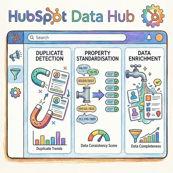 Data Hub data quality tools and contact enrichment interface showing cleansing and deduplication controls