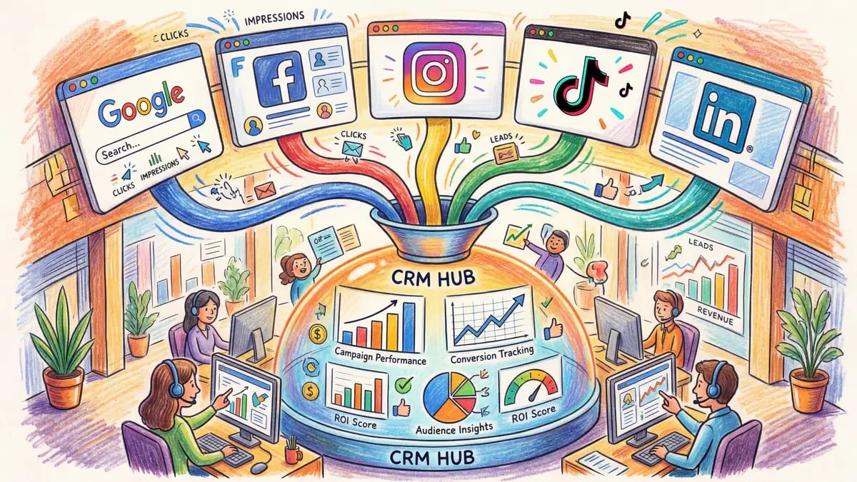 HubSpot Ads dashboard showing connected ad accounts for Meta, Google, and LinkedIn platforms