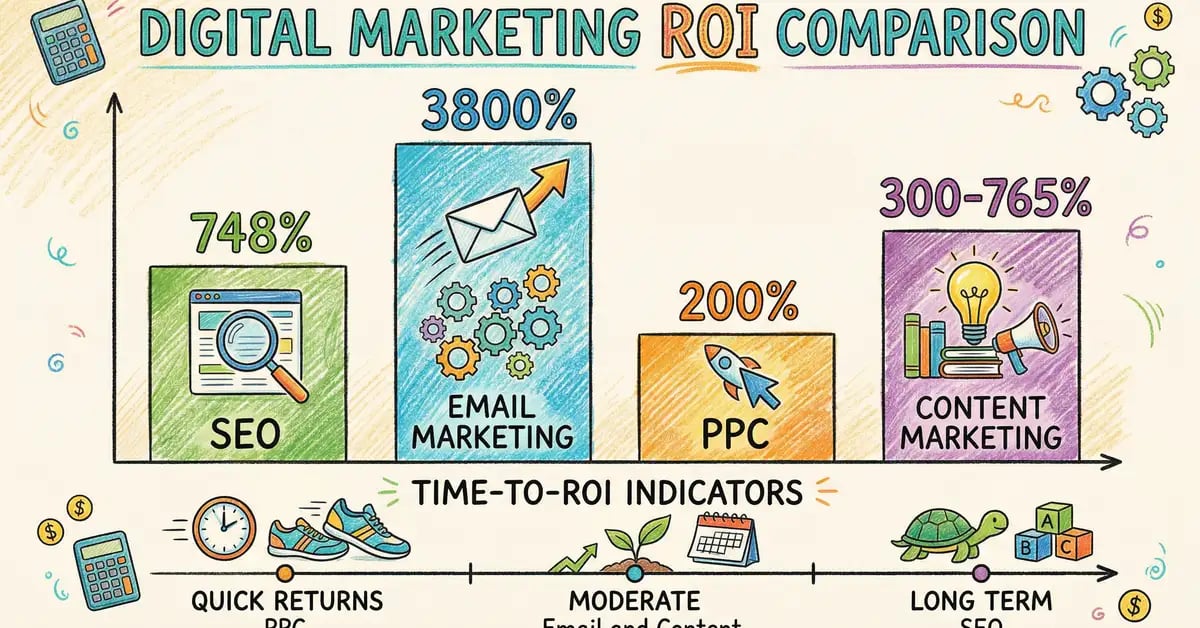 Digital marketing ROI comparison showing returns across SEO, email, PPC, and content marketing channels