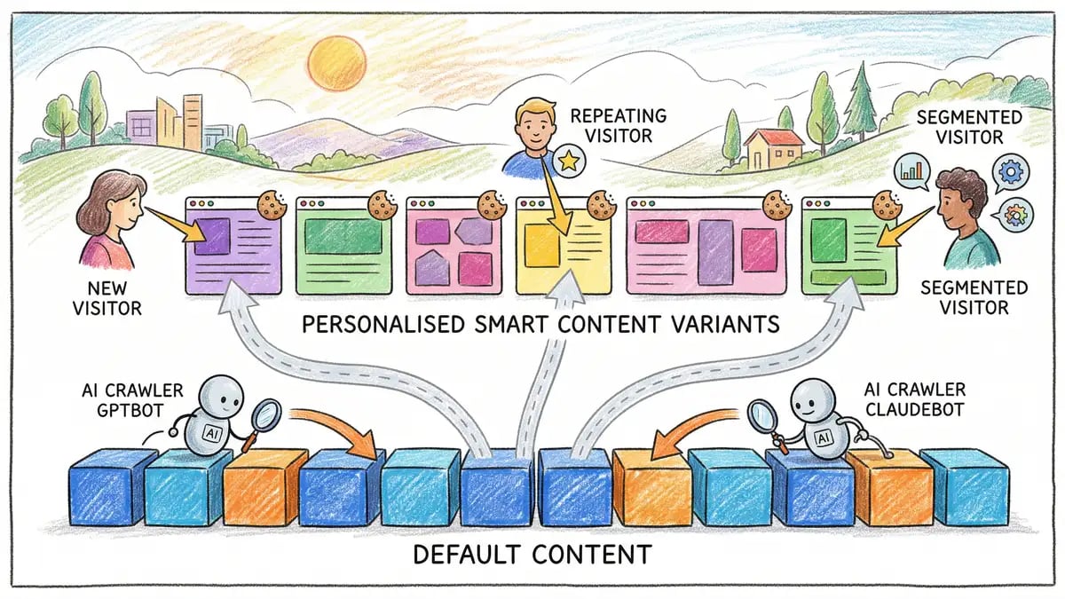 Dual-layer architecture showing AEO default content as foundation with smart content personalisation layer above, bridging AI visibility and conversion optimisation