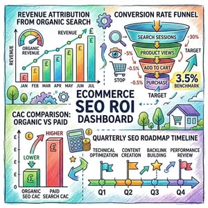 SEO ROI dashboard showing organic traffic, conversion rate, revenue per session, and profit attribution